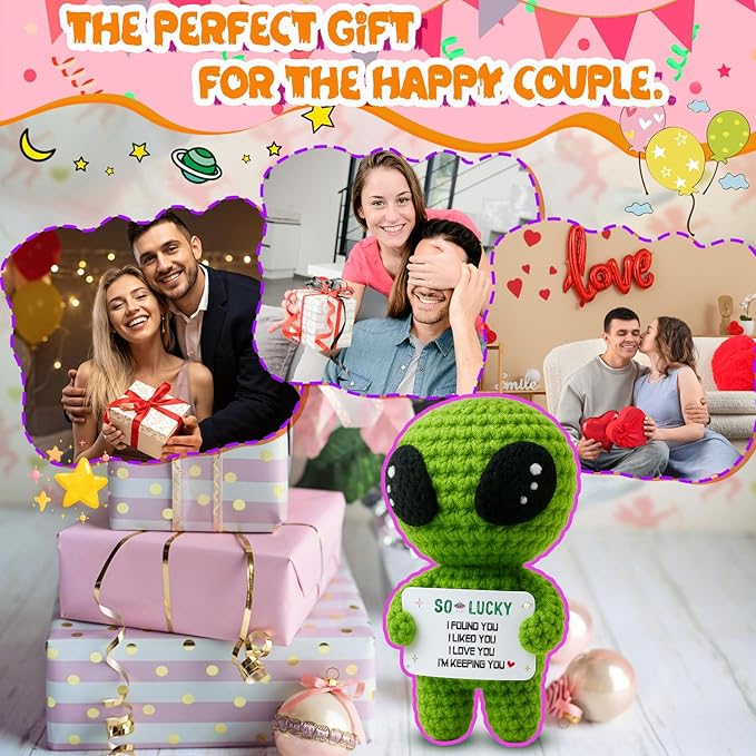 MAMAGIFTREE I Love You Wedding Anniversary Present for Him Boyfriend Husband Fiance Wife Her with Small Card, Valentines Day Gifts Women Men - Romantic Theme Crochet Alien Decor
