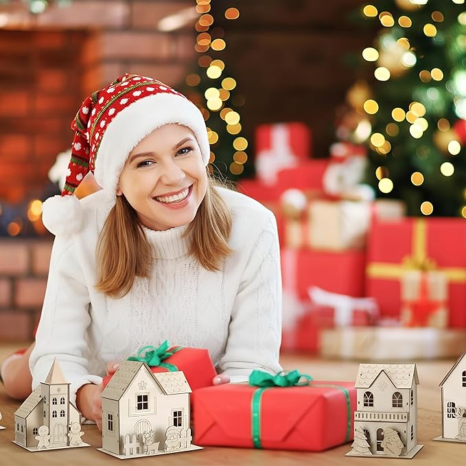 Thyle 6 Set Christmas Wooden House Kit for Craft DIY Christmas Village Unfinished Wooden Gingerbread House Make Your Own 3D Houses Xmas Painting Gift Craft Activity Creative DIY Art Decoration Project