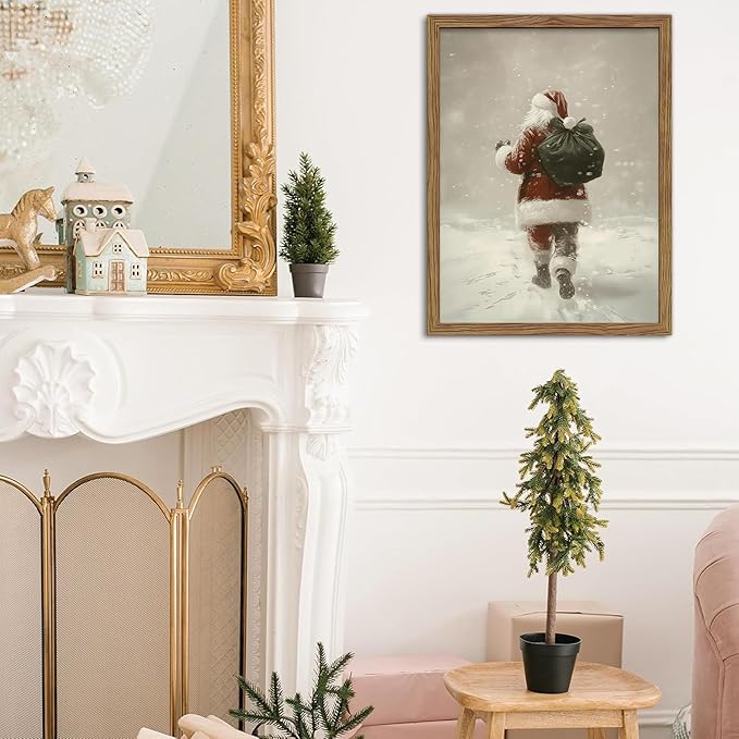 Framed Christmas Wall Art, Santa Claus Walk in Snow Canvas Prints, Vintage Christmas Pictures Wall Decor, Rustic Santa Oil Painting, Winter Snow Scene Christmas Decorations – 12X16in