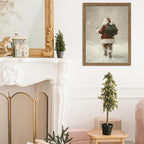 Framed Christmas Wall Art, Santa Claus Walk in Snow Canvas Prints, Vintage Christmas Pictures Wall Decor, Rustic Santa Oil Painting, Winter Snow Scene Christmas Decorations – 12X16in