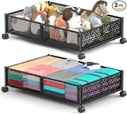 Under Bed Storage With Wheels, 2 Pack Foldable Pattern Carved Metal Under Bed Storage Containers, 60L Rolling Underbed Storage, Easy Assembly Under The Bed Storage for Shoes, Clothes, Blankets...