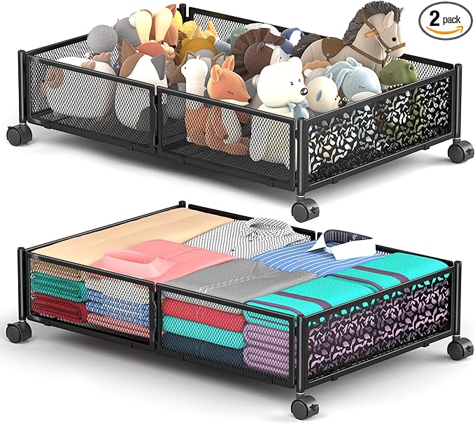 Under Bed Storage With Wheels, 2 Pack Foldable Pattern Carved Metal Under Bed Storage Containers, 60L Rolling Underbed Storage, Easy Assembly Under The Bed Storage for Shoes, Clothes, Blankets...