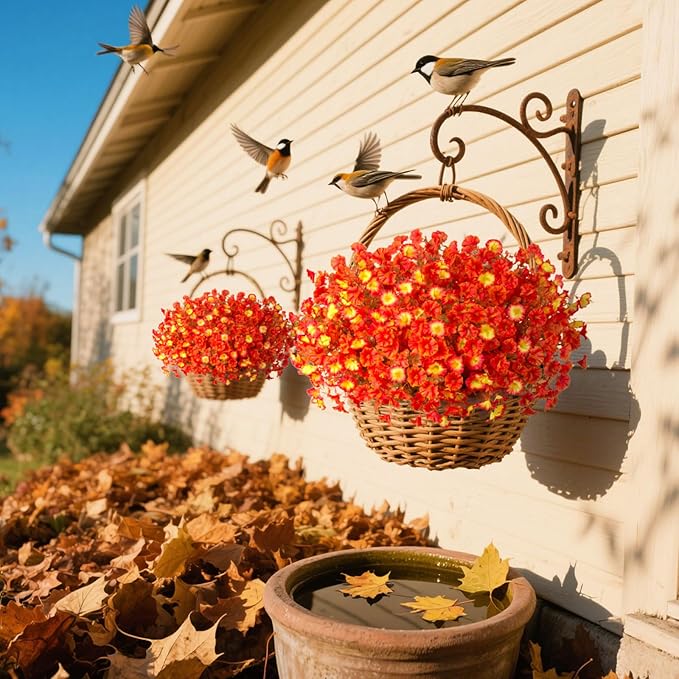 Fake Flowers Artificial for Outdoor Decoration Autumn Silk Flower UV Resistant, 12 Bundles Faux Morning Glory with Eucalyptus Greenery for Indoor Garden Planters Patio Window Home Decor, Mix