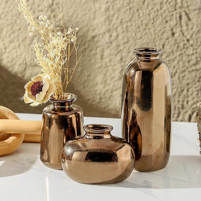 Ceramic Vase Set of 3,Small Modern Farmhouse Pottery Vases, Neutral Rustic Vases for Pampas Grass, Dried & Fresh Flowers - Ideal for Bedroom, Living Room, Bookshelf, Mantel, Centerpiece Table Decor