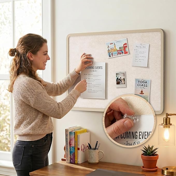Bulletin Board, 48 x 36 inches Decorative Felt Board Foldable Photo Board Pin Boards, Cork Board Alternative for Walls, Office, Home, Classroom with Pushpins ＆ Small Storage Bag, Beige