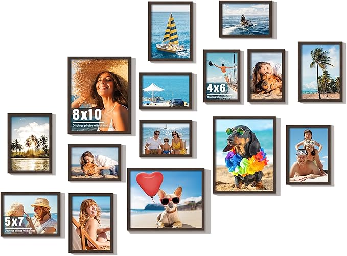15 Pack Picture Frames Collage Wall Decor, Walnut Frame Set with 3pcs 8x10, 6pcs 5x7, 6pcs 4x6 for Gallery Display, Wall Mounting & Tabletop, Bulk Photo Frames for Living Room Decor