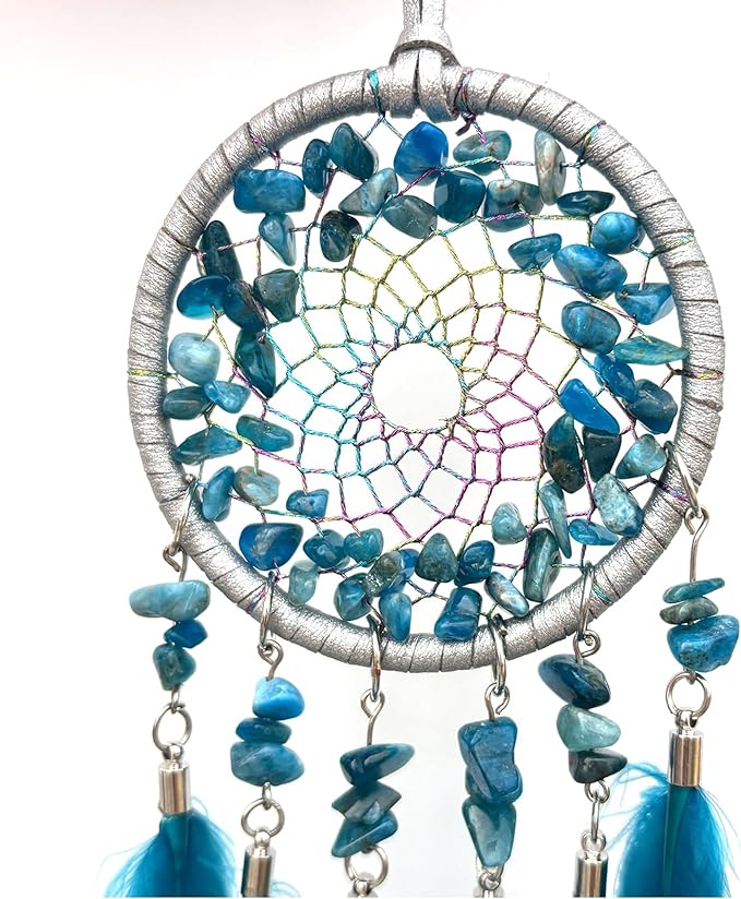 Car Rear View Mirrior Hanging Accessories Blue Dream Catcher Small, Crystals Stones Feather Pendant Interior Rearview Mirror Decoration
