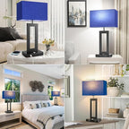 3 Color Temperatures Table Lamps for Bedrooms Set of 2, 22’’ Touch Control Bedside Nightstand Lamps with 2 USB Ports & AC Outlet, Stepless Dimmable Lamps with Blue Shade, Modern Decor for Living Room