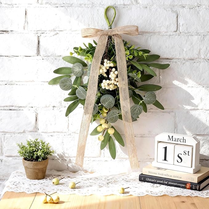 6 PCS Artificial Spring Summer Green Eucalyptus Teardrop Swag with Ribbon Bow 16" Vintage Mini Green Light Swag with White Berry Festive Sconce Lighting Decor for Farmhouse Porch Door Wedding Decor