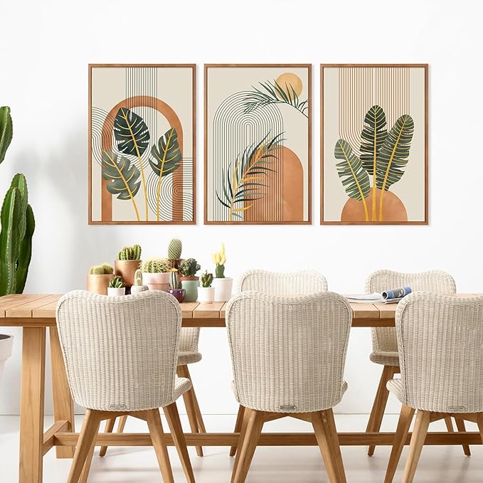 KAIRNE Boho Canvas Wall Art,Abstract Minimalist Room Decor,Tropical Botanical Wall Decor,Mid-Century Geometric Illustrations Set of 3(16”X24”),Botanical Print for Living Room Bedroom Dining Room Decor
