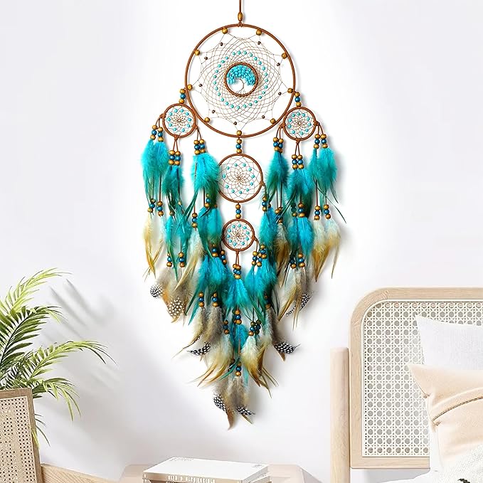 Large Dream Catchers, Boho Handmade Woven Turquoise Dream Catchers Wall Hanging for Bedroom Home Decor, Wedding Party Decor, Adults Boys Girls Festival Blessing Gift (Turquoise & Brown)