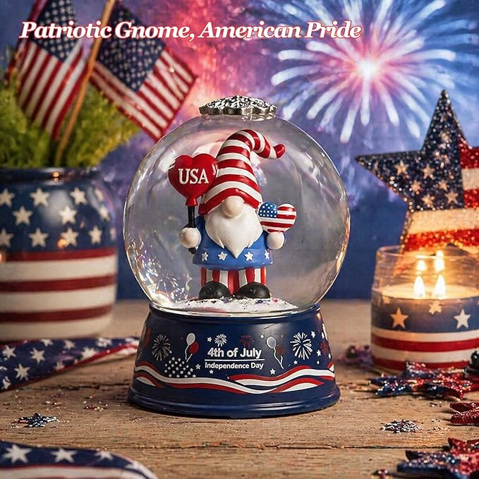 Patriotic 4th of July Gnome Snow Globe Lantern with Music - Light Up Water Globe with Swirling Glitter, USB or Battery Operated,Lighted Independence Day Decor Indoor, Patriotic Decor Gift (Gnome)