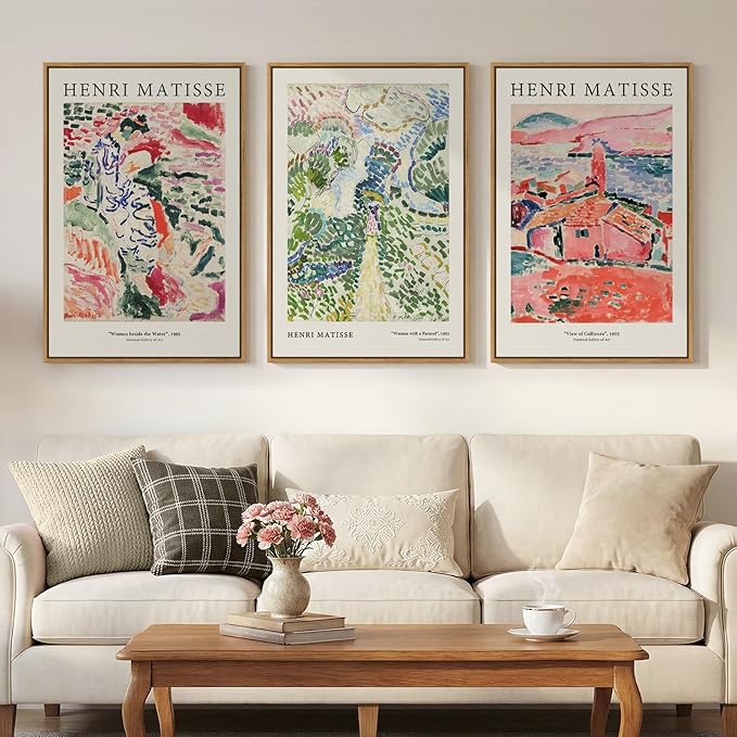 Framed Abstract Matisse Wall Art Set of 3, Vintage Colorful Landscape Canvas Prints Artwork for Walls, Classical Matisse Paintings Pictures for Living Room, Bedroom, Hallway and Office, Total Size 30x60