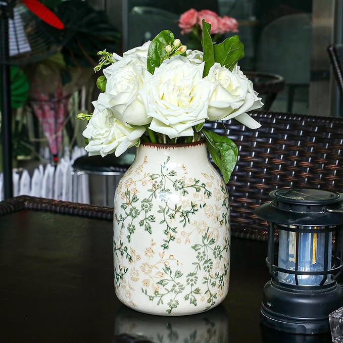 Beige and Green Vintage Rustic Ceramic Vase,Handcrafted Farmhouse Decorative Vase, Easy to Clean Perfect for Flowers Wedding Centerpiece or Shelf Decor 8Inch