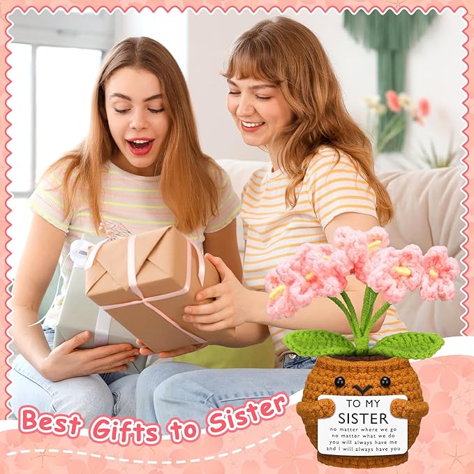Wavwavw Sister Gifts Handmade Crochet Doll with Card Crochet Present for Sisters Sis Big Little Sister Birthday Wedding Home Decor(Pink Myosotis)