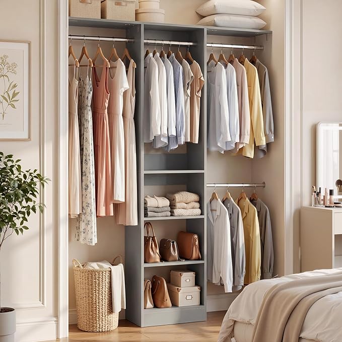 Cyclysio 4FT Small Closet System, 80"H Closet Organizer System with 4 Closets Rods & 3 Shelves, 48" Closets Organizers and Storage for Small Bedrooms, Laundry Rooms, Cloakrooms, Grey