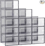 Kuject Large Shoe Organizers Storage Boxes for Closet, 12 Pack Clear Plastic Stackable Storage Bins with Lids, Under Bed Shoe Containers for Entryway, Drop Front, Fit up to Women's Size 10,Dark Gray