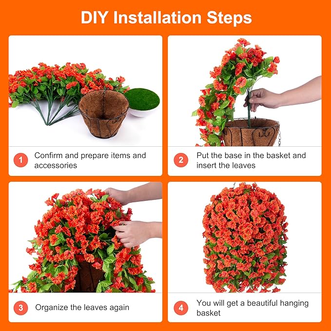 Artificial Faux Hanging Flowers Basket for Fall Outdoor Porch Decor, Fake Silk Colorful Morning Glory Eucalyptus in Planter UV Resistant Look Real for Home Balcony Yard(Orange)