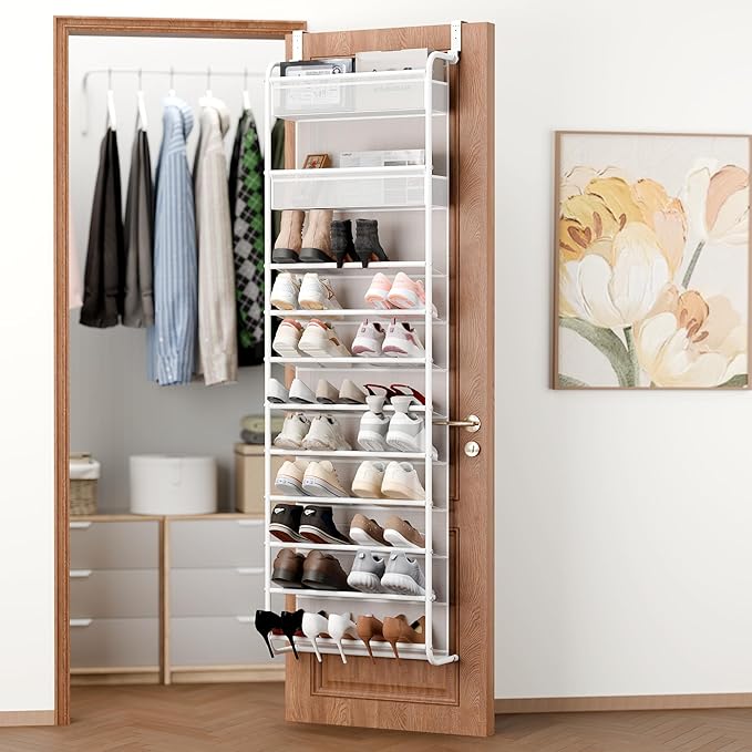 Whitmor 27 Pair Over The Door Shoe Organizer, 11 Tier Hanging Shoe Organizer, Heavy Duty Metal & Mesh Shoe Holder, Hanging Shoe Rack for Closet Organizer & Storage,74.8"L x 21.7"W x 7.5"H, White