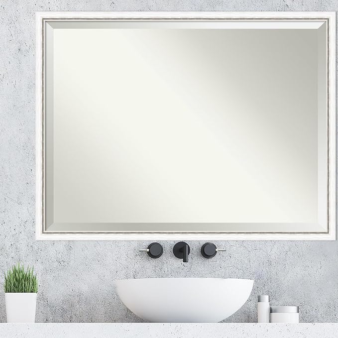 Amanti Art White Wall Mirror 32x42 Morgan White Silver Rectangle Bathroom Mirror for Wall Decor Living Room, X-Large Modern Wood Frame, Hangs Horizonally and Vertically, Bathroom Decor, Beveled Edge