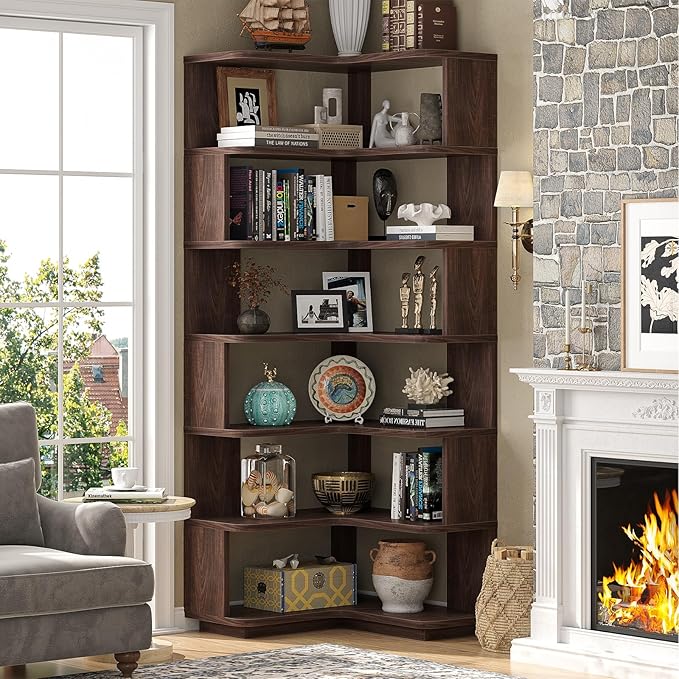 Armocity Corner Book Shelf - 7 Tier Corner Bookshelf Etagere Bookcase with Baffle, Freestanding L Shaped Display Shelf Stand for Home Office, Living Room, Bedroom, Kitchen, Black Walnut