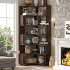 Armocity Corner Book Shelf - 7 Tier Corner Bookshelf Etagere Bookcase with Baffle, Freestanding L Shaped Display Shelf Stand for Home Office, Living Room, Bedroom, Kitchen, Black Walnut