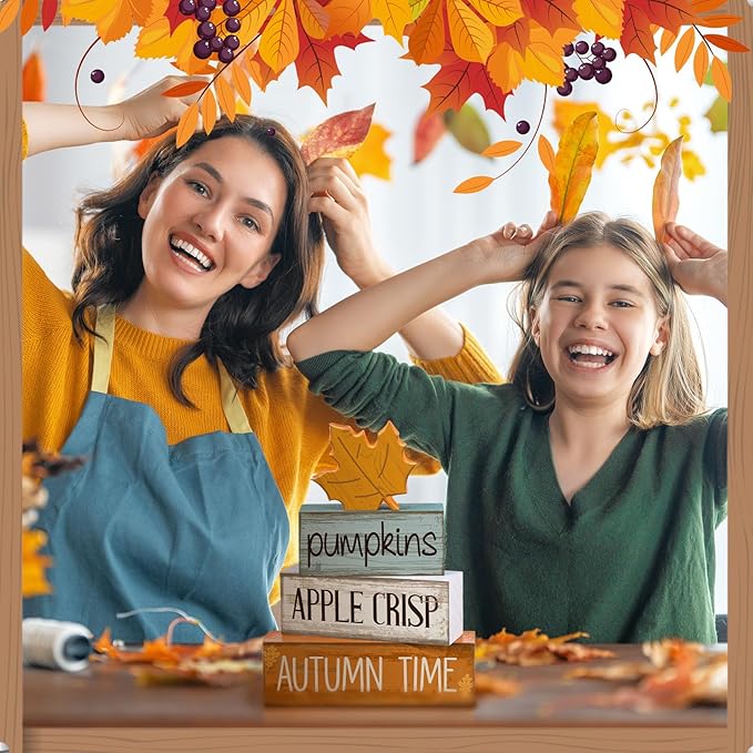 Lineshading 4 Pcs Fall Decoration for Home Wooden Maple Leaf Fall Tiered Tray Decor Thanksgiving Table Centerpiece Rustic Decorative Maple Leaf Block Signs Gift Farmhouse Autumn Decoration for Home