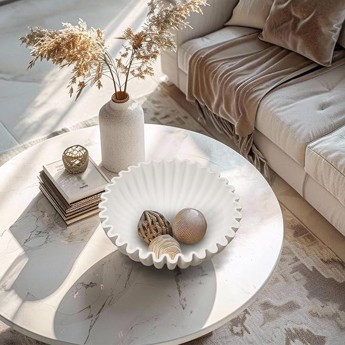 YMXYJM Large Decorative Bowl, Modern Handicraft Bowls for Home Decor, Decorative Fruit Bowl for Kitchen Counter, Ruffle Bowl Decor, Stylish Key Bowl for Entry Table, White