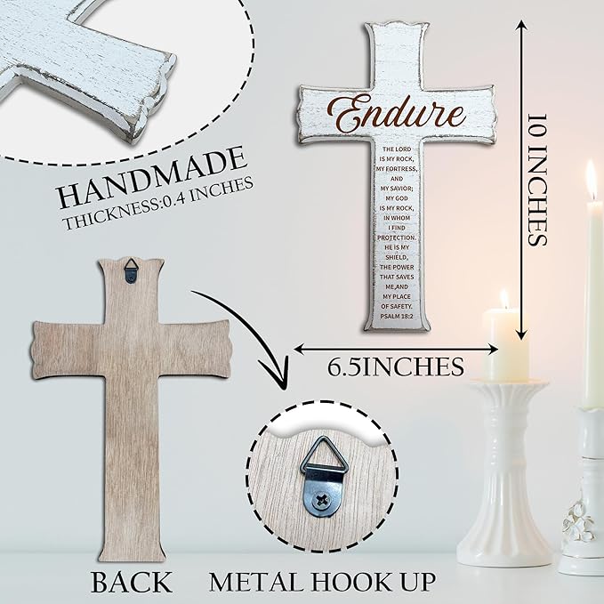 dsjaidh Cross Wall Decor - White Scripture Wooden Cross For Wall - Minimalist Wooden Hanging Signs Christian Easter Decor for Home Office Church Baptism - Christian Gifts for Men Women (Endure)- A01