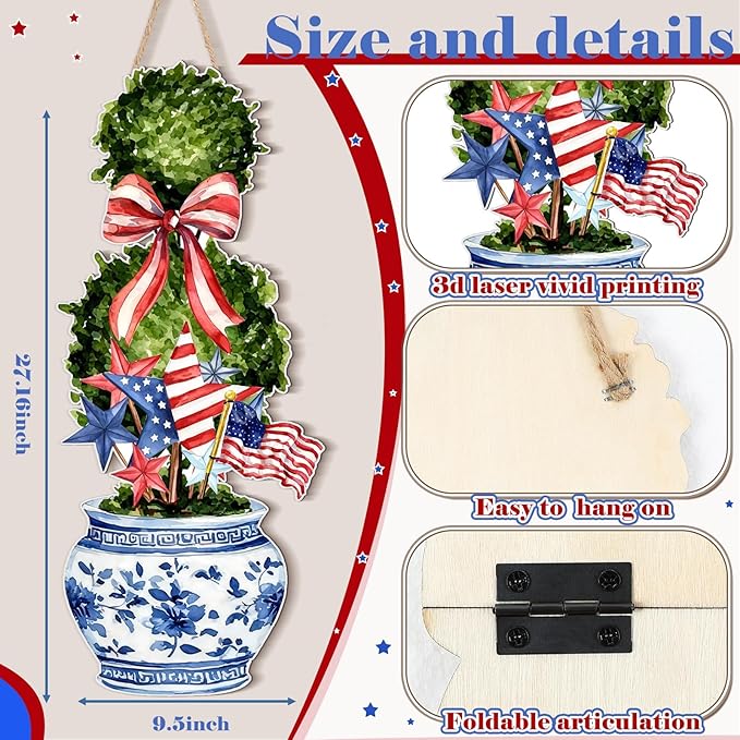 4th of July Large Size Chinoiserie Bonsai Door Hanger Patriotic Topiary Wooden Sign Front Door Home Wreath Red White and Blue Ornament for 250 Anniversary Independence Day Indoor Outdoor Yard Porch