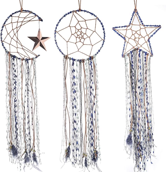 Jetec 3 Pieces Blue Dream Catcher Star Moon Sun Handmade Feather Dreamcatcher Wall Decor for Bedroom Nursery Wall Hanging Home Spring Decoration Festival Gift