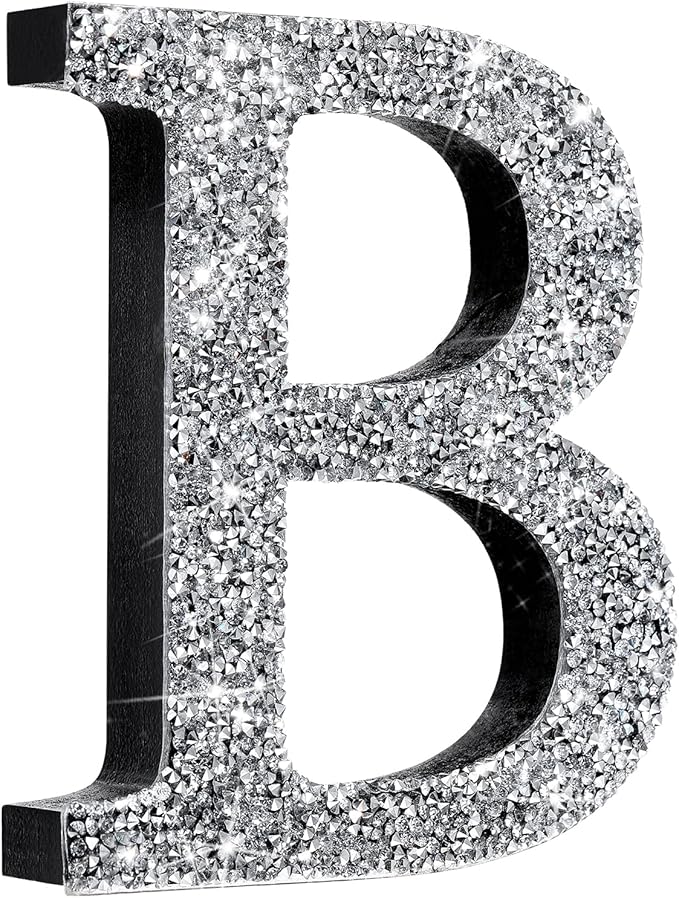 Qunclay 5.7" Silver Crystal Diamond Bling Letters Crushed Diamond Decoration Wooden Glitter Letter with Screw and Hooks Rhinestone Gift for Wedding Y2k Mcbling Bedroom Wall Decor (Letter B)