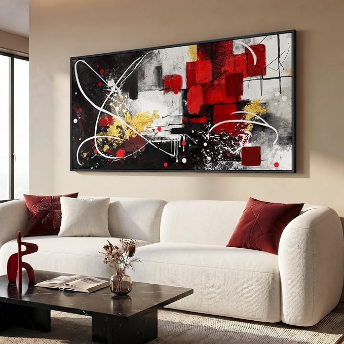 Extra Large Framed Red Black and White Abstract Wall Art for Living Room, Modern Canvas Prints Horizontal Artwork for Walls, Red Gold Geometric Pictures for Dining Bedroom Hallway Wall Decor 30x60 In