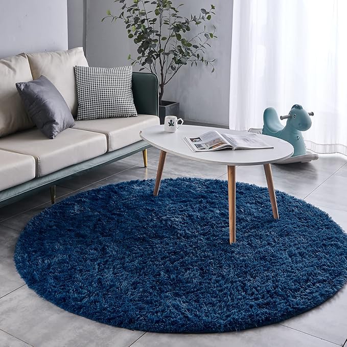 FJZFING Navy Blue Round Rug Ultra-Soft Plush Modern 6x6 Circle Area Rug for Kid's Bedroom, Fluffy Shag Circular Rug for Nursery Room, Non-Slip Home Decor Cute Navy Blue Carpet for Teen's Room