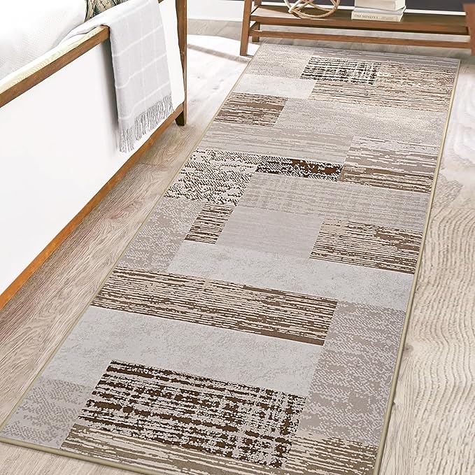 FlyDOIT Modern Geometric Patchwork Area Rug, 2x6 Beige Runner Rugs for Living Room, Rockwood Collection Indoor Rugs for Bedroom, Throw Carpet Floor Decor for Entryway Dining Room Office Nursery