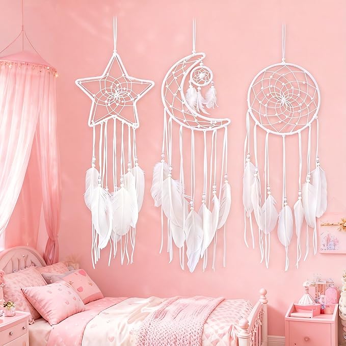 3PCS/LOT Star Moon Sun Shape Dream Catcher Home Decoration, and Baby Kids Room Accessory - Dream Catcher with Feather Decoration - Unique Home Craft Wall Pendant (White)