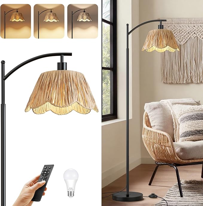 Oneach Boho Floor Lamp with 3 Color Temperatures, Farmhouse Floor Lamps for Living Room with Remote & Dimmable Bulb, Rattan Floor Lamp for Bedroom, Black