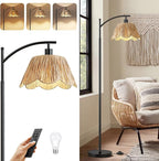 Oneach Boho Floor Lamp with 3 Color Temperatures, Farmhouse Floor Lamps for Living Room with Remote & Dimmable Bulb, Rattan Floor Lamp for Bedroom, Black