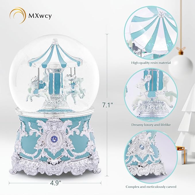 Carousel Music Box Moose Silver & Turquoise Christmas Snow Globes, 7.1" Rotate Carousel Snow Globe for Kids & Adults, Classic Wind up Musical Snow Globe Valentines Day Gifts for Women Girls Home Decor
