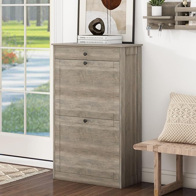 Shoe Cabinet with 2 Flip Drawers, Narrow Freestanding Shoe Storage Organizer, Slim Wooden Hidden Shoe Rack for Front Door Entrance, Closet, Hallway, Living Room, Rustic Gray