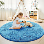 OLANLY Bright Blue Round Rugs for Bedroom - Machine Washable, 5 ft Circle Area Rugs for Living Room, Soft and Fluffy Shaggy Carpet for Teen Girl and Boys, Nursery Rooms, Dorms, Home Decor Aesthetic
