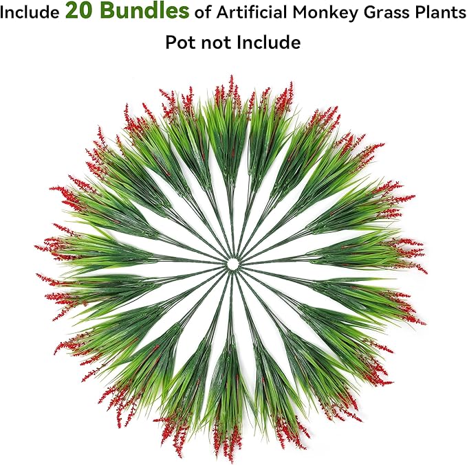 Ivydale Artificial Plants Fake Flowers Monkey Grass for Outdoors,UV Resistant Realistic 20PCS Red Faux Greenery Shrubs Outside Decor for Home Garland Porch Patio Balcony Planter Yard Office Pathway