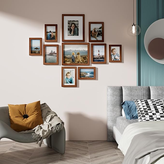 Vittanly Picture Frames Set of 10, Picture Frames Collage Wall Decor with Two 8x10, Four 5x7, and Four 4x6 Photo Frames, Gallery Wall Frame Set for Wall or Tabletop Display, Walnut Brown