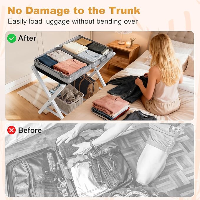 26.77"L Luggage Rack, White Luggage Rack for Guest Room, Bamboo Folding Suitcase Stand with Storage Shelf, 5 Nylon Straps, Heavy Duty Luggage Holder for Bedroom Hotel, 1 Pack, Gift Box Packaging
