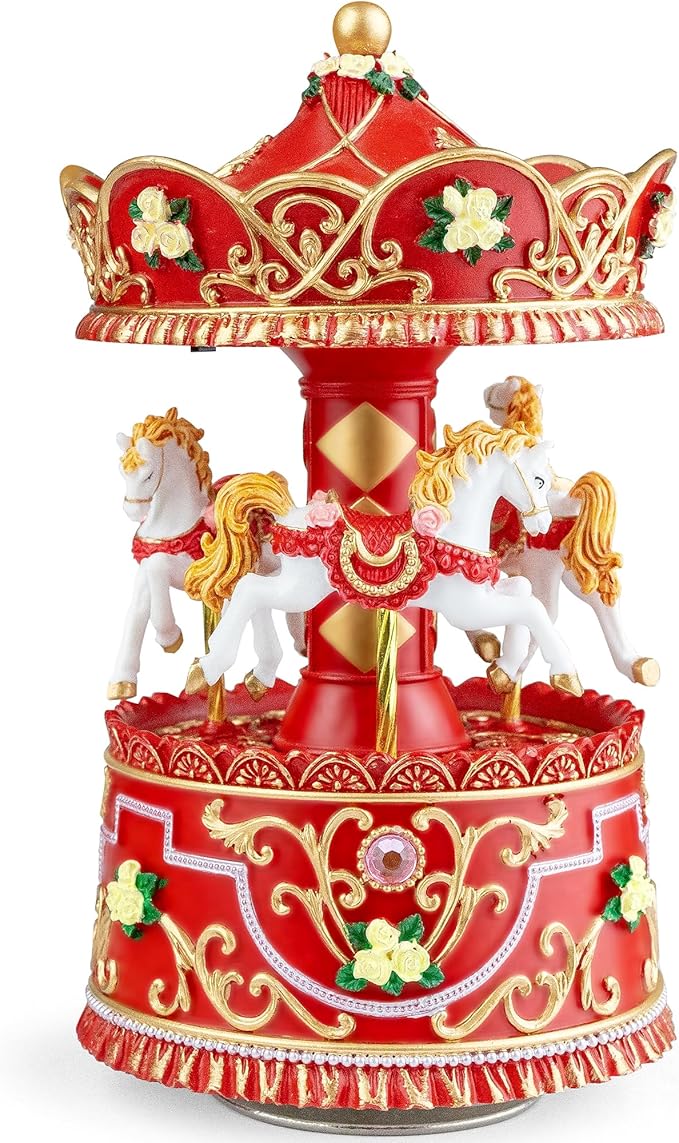 Christmas Carousel Music Box with Lights, Rotating Wind Up Musical Merry-Go-Round Figurine, Hand Painted Holiday Collectible Decor, Plays Jingle Bells, Gift for Kids, Girls, Women