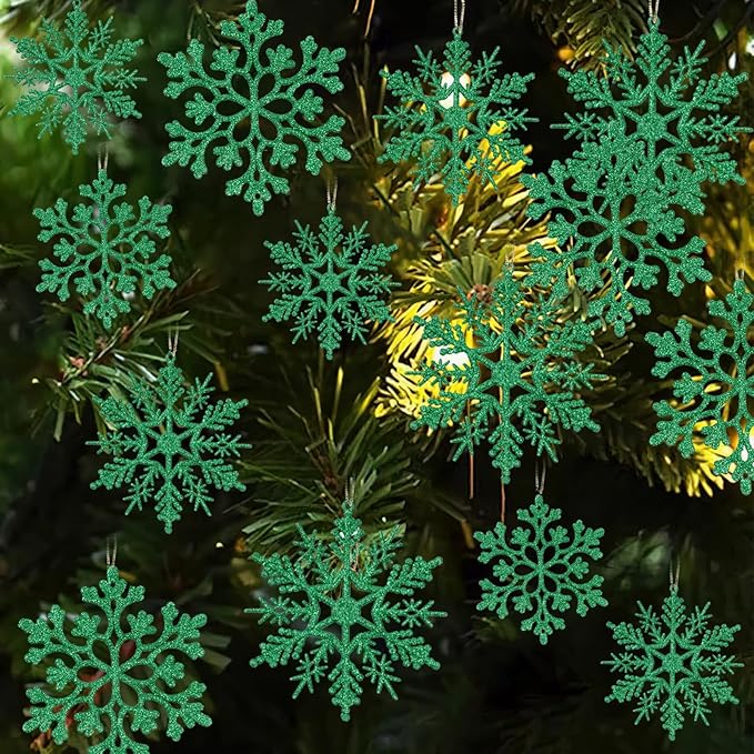Dark Green Christmas Snowflake Ornaments- 36Pcs Plastic Glitter Hanging Snow Flakes for Christmas Tree Decorations Winter Wonderland Frozen Birthday Party Holiday Home Decor Craft Snowflakes
