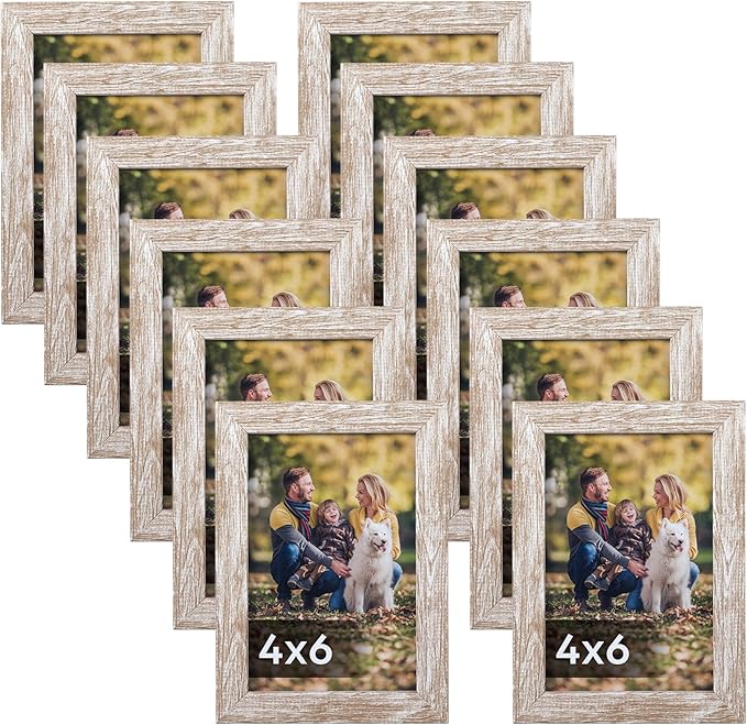 Lyeasw Rustic 4x6 Picture Frame Set of 12, Multi Woodgrain Farmhouse Photo Frames for Wall or Tabletop, Beige