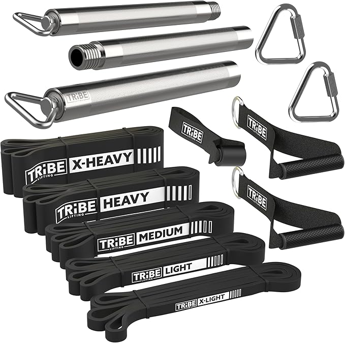 Tribe Lifting Resistance Bands for Working Out Men and Women - Set of 5 Pull Up Bands for Strength Training, Exercise Bands with Handles, Door Anchor and Bar Options for Home Gym