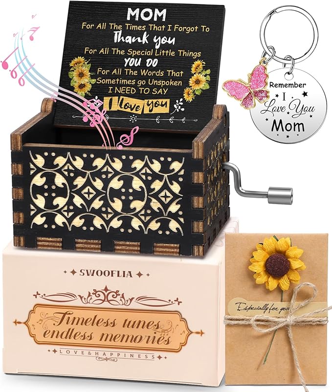 Swooflia Mother's Day Wooden Music Box for Mom with Sunflower Greeting Card - Hand Crank Engraved Musical Box Vintage Mechanism Personalized Gifts for Women On Birthday