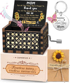 Swooflia Mother's Day Wooden Music Box for Mom with Sunflower Greeting Card - Hand Crank Engraved Musical Box Vintage Mechanism Personalized Gifts for Women On Birthday